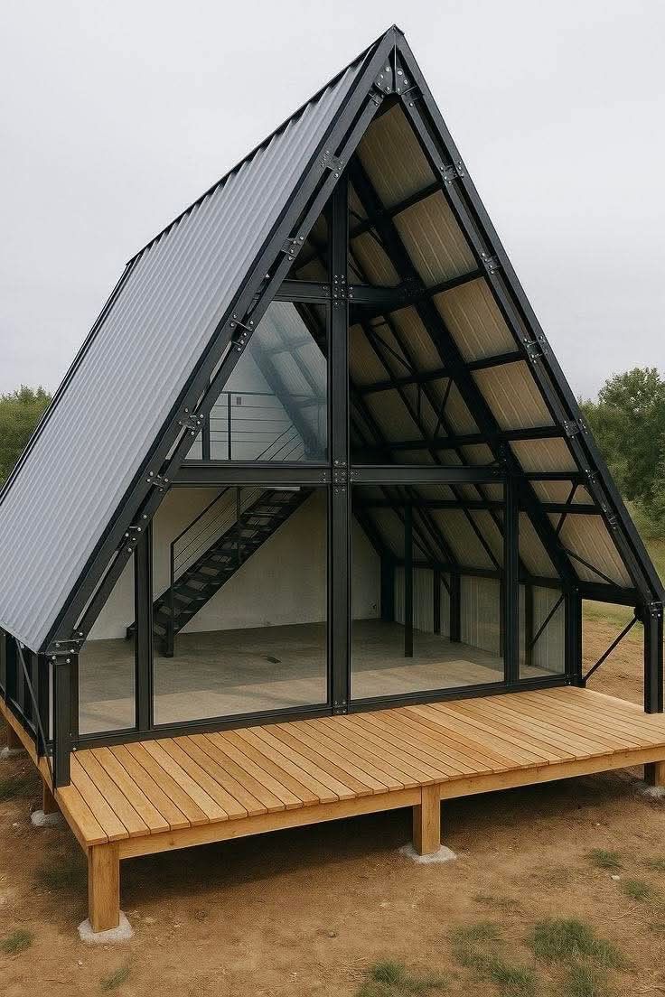Contemporary black steel and glass A-frame home with warm timber deck surrounded by trees